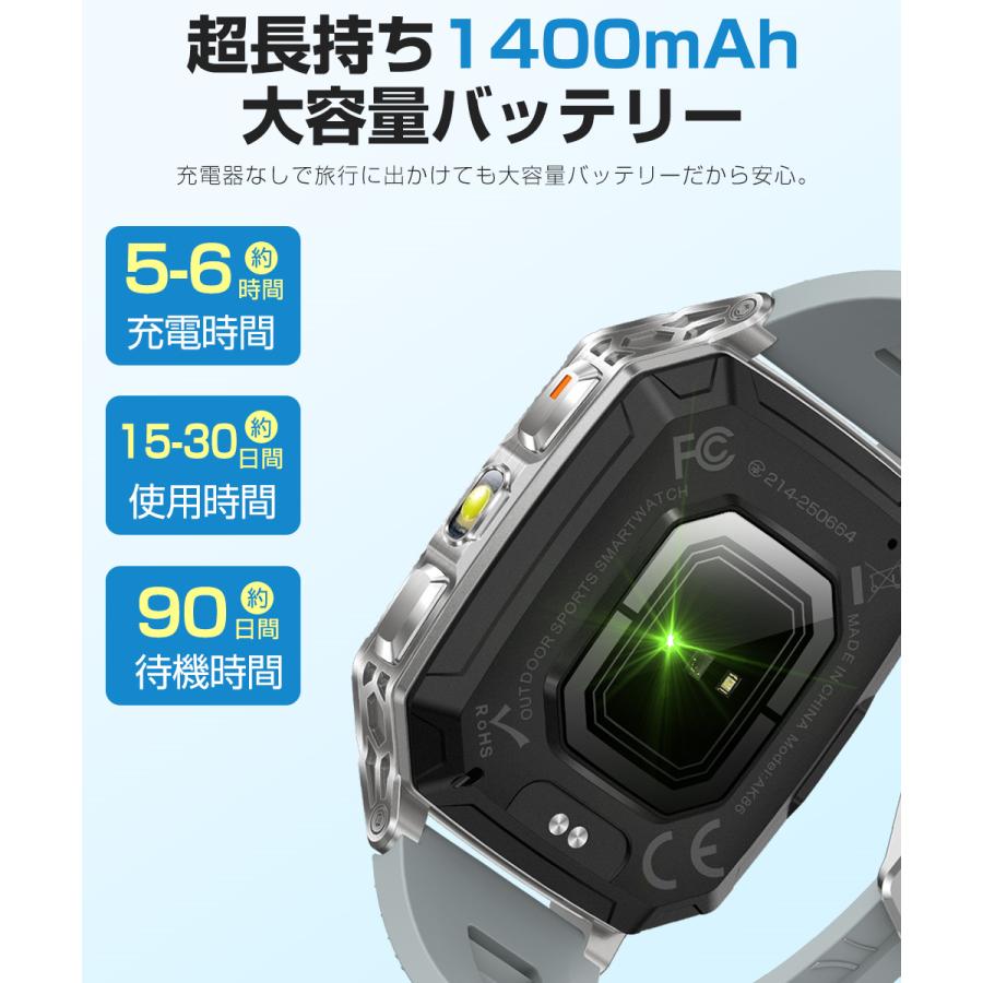 スマートウォッチ Bluetooth通話 2.01インチ 1400mAh大容量バッテリー 血中酸素 心拍 歩数 カロリー 健康管理 着信通知 IP68防水 懐中電灯 腕時計 SW01の画像