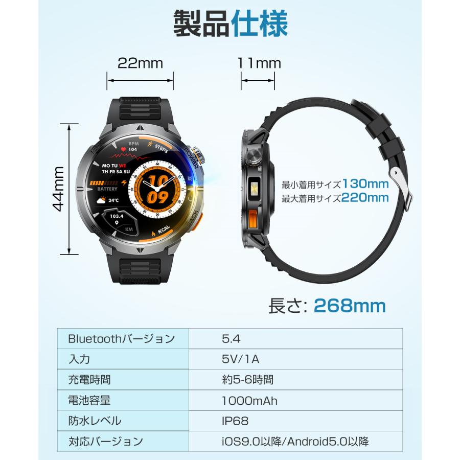 スマートウォッチ メンズ Bluetooth通話 1.7インチ超大画面 1000mAh大