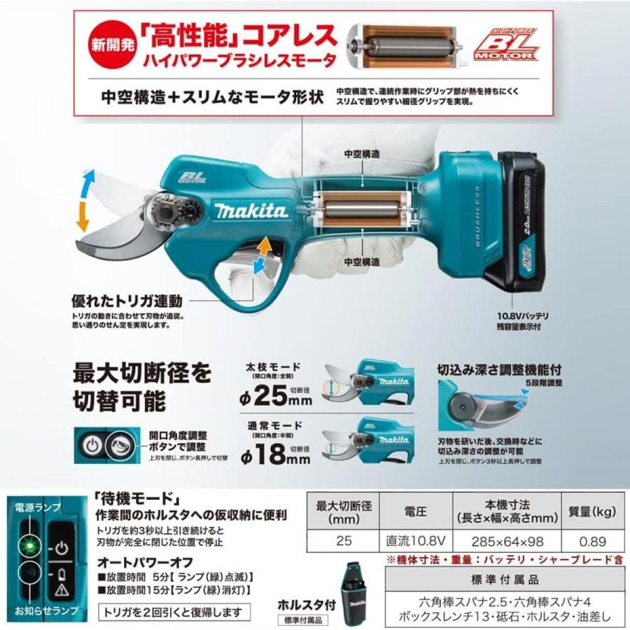 マキタ(makita) 10.8V 充電式せん定ハサミ UP100DSAX　バッテリBL1020B×2本・充電器DC10SA・ ケース付剪定ばさみ 軽量 最大切断径Φ25mm  園芸工具 枝打ち｜syuunounavi｜03