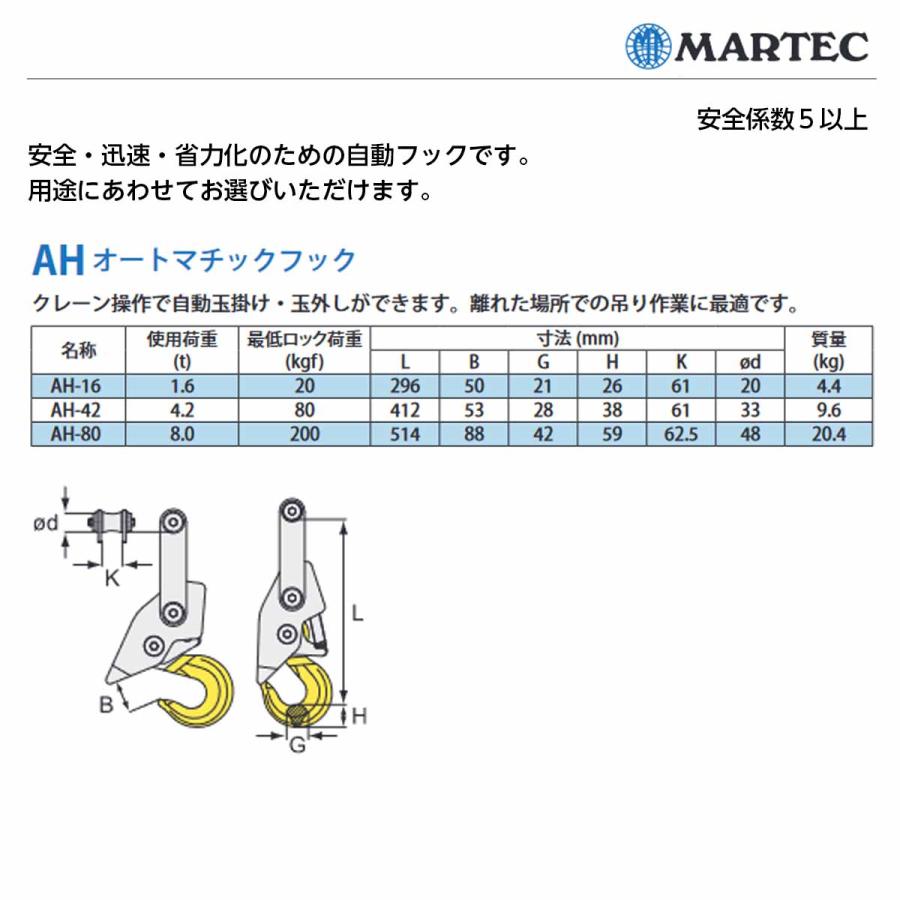 マーテック(MARTEC)　自動吊り具　AHオートマチックフック　クレーン　AH-80　吊具　使用荷重8.0t　荷下ろし　自動玉掛け・玉外し　自動フック