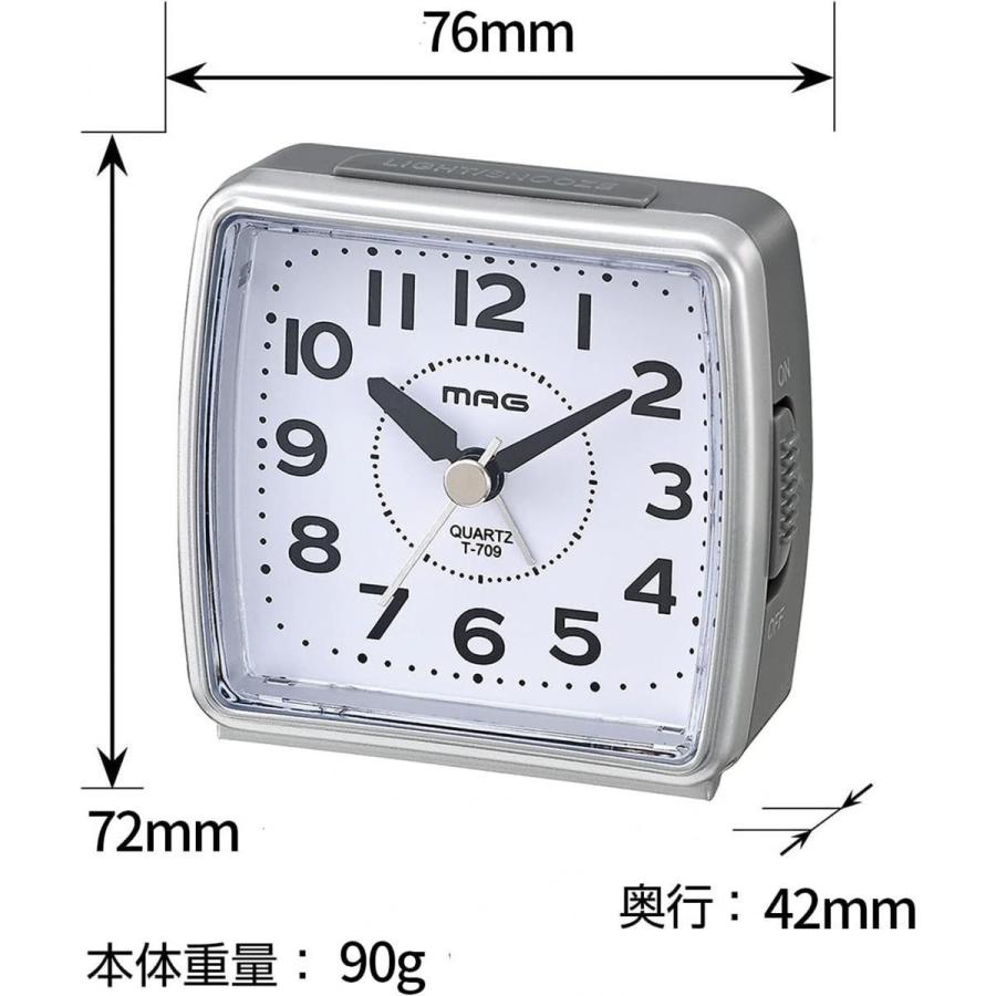 MAG 目覚まし時計 アナログ 小時郎 小型 静音 連続秒針 スヌーズ機能 ライト付き シルバー T-709SM めざまし時計 電子音 コジロウ｜syuunounavi｜02