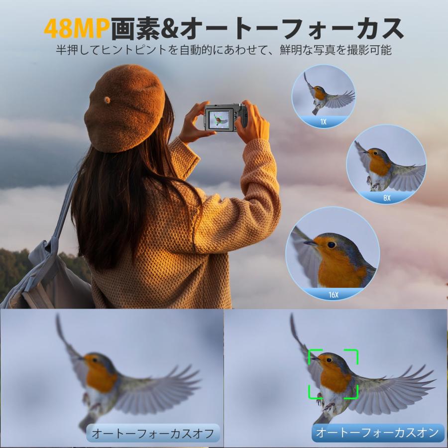 デジタルカメラ 4K デジカメ 6400万画素 180度回転可能ディスプレイ 自