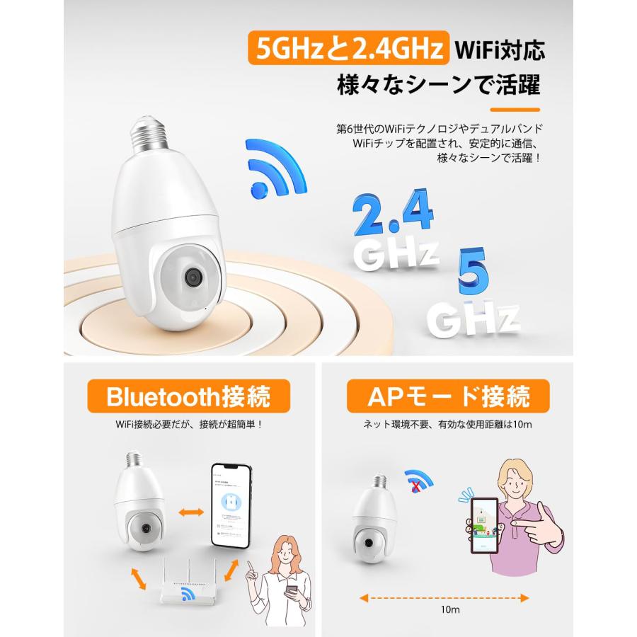 【最新機種・2.4GHz/5GHz対応】 防犯カメラ ワイヤレス 500万超高画素 電球型 自動追尾 パン355°チルト90° Alexa対応 APモード 監視カメラ 室内 完全無線｜sywh｜03