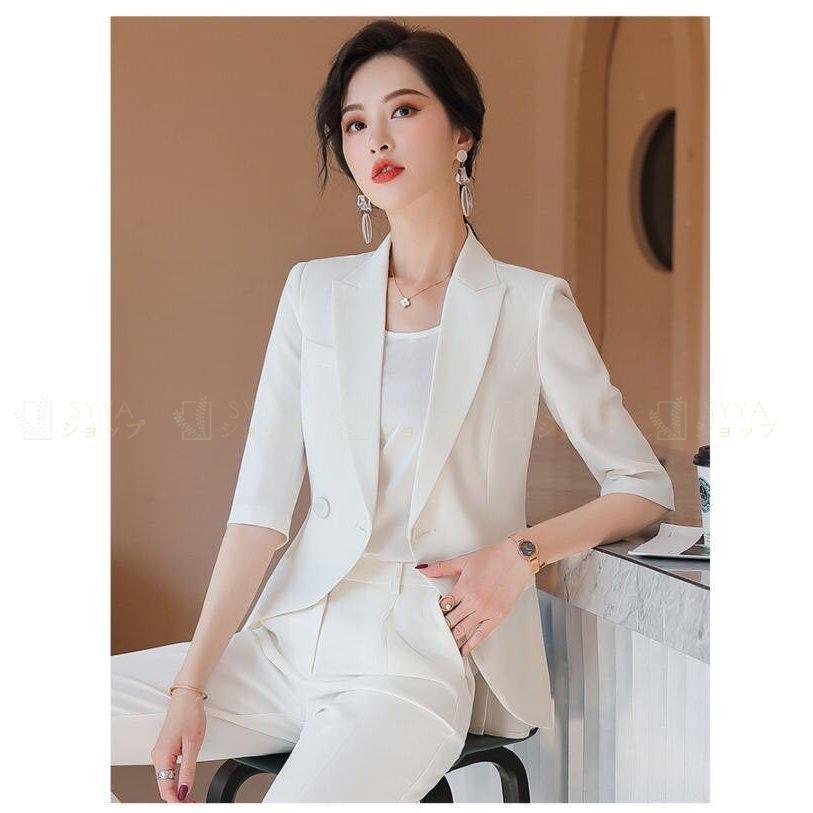 リクルートスーツ スーツセット レディース パンツスーツ ビジネス 事務服 五分袖 フォーマル 細身シルエット