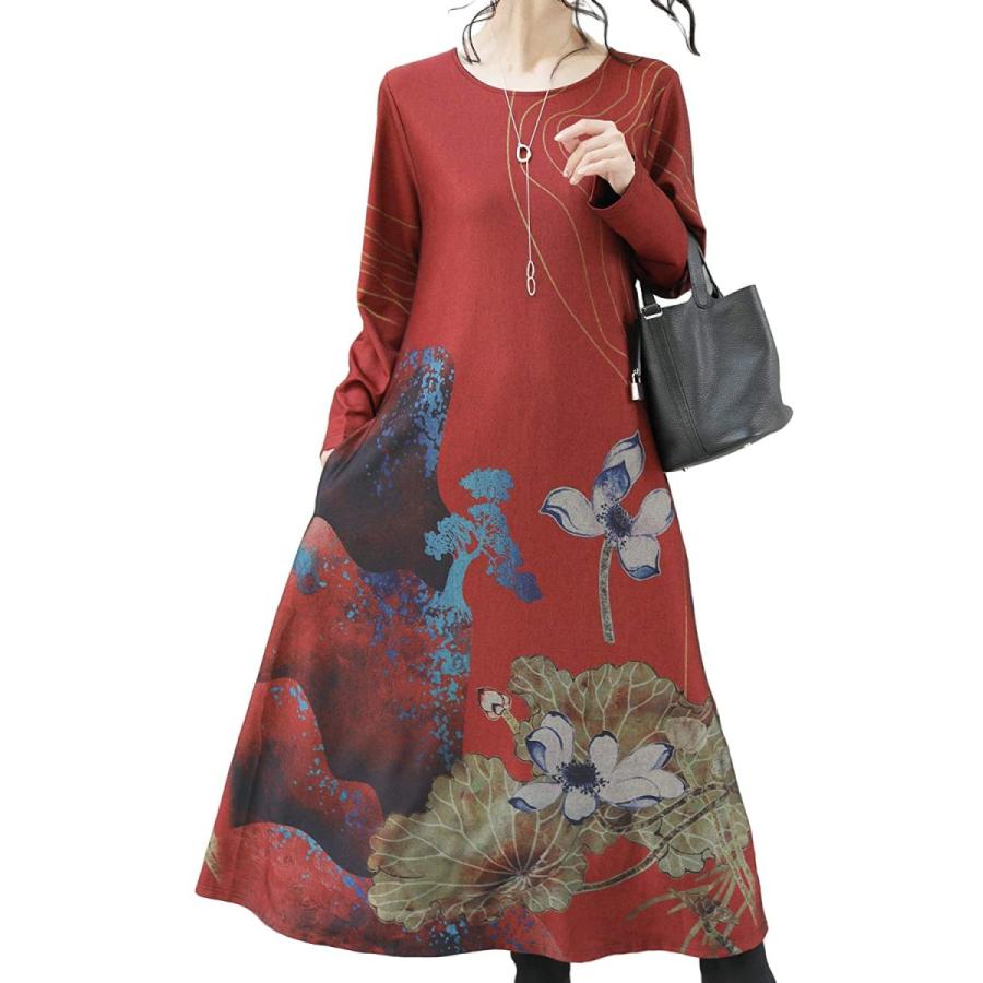 早割クーポン の 大人 Cawaii フレンチパヴェ 花 赤 レッド 丸首 クルーネック 長袖 ワンピース ロング 紅 フラワー 柄 ワンピース チュニック Sergiopizarro Com Co