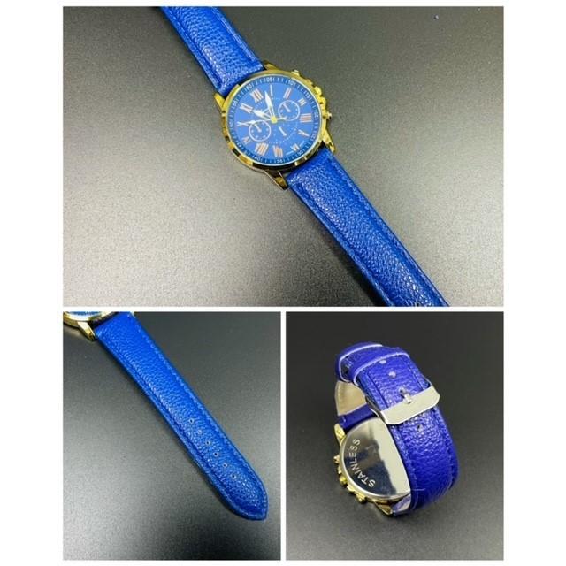 青いレザー 時計 金色ロックデザイン 青いレザー 時計 金色ロックデザイン