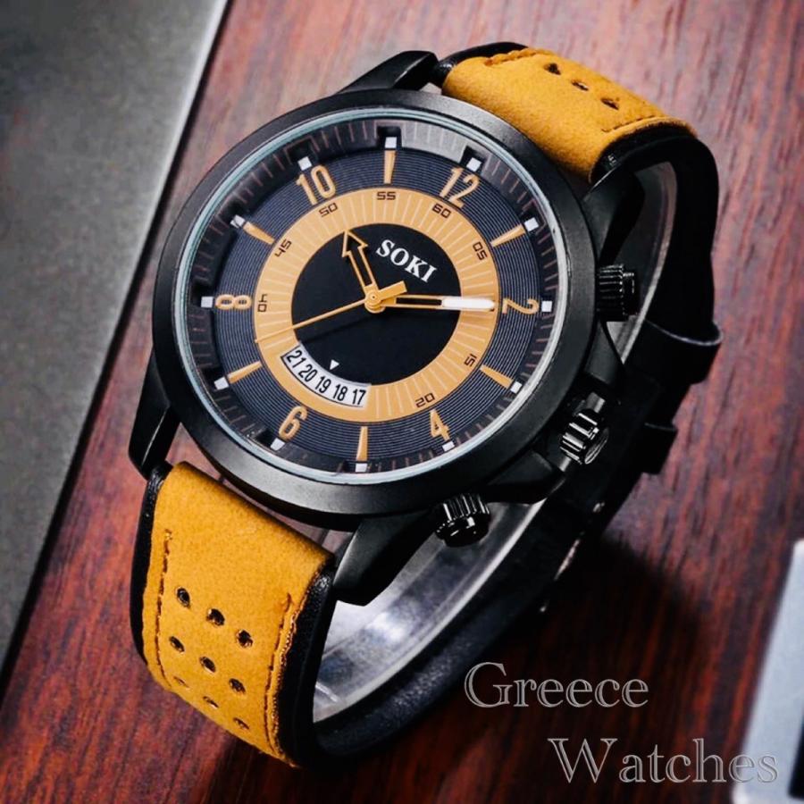 希少腕時計　 時計　ツートン アナログ メンズ クォーツ 時計 高品質 レザー ファッション時計 オシャレ ウォッチ ブラックイエロー