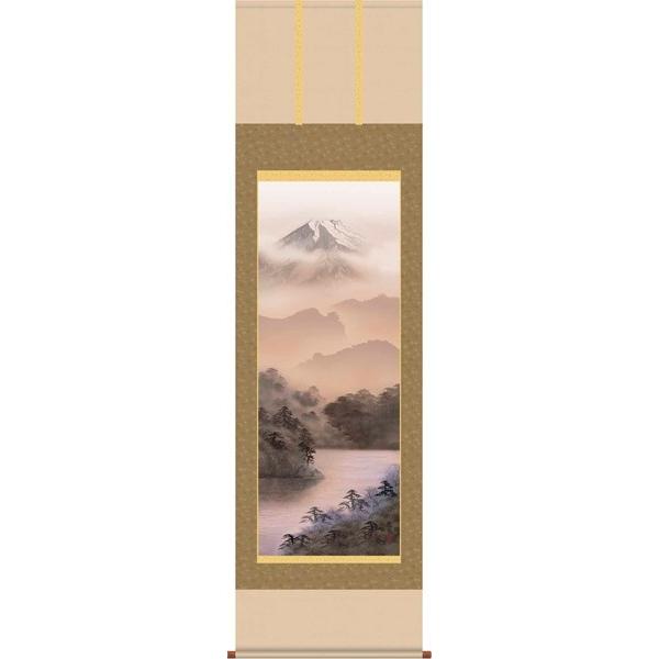 掛軸/山水画/水墨山水/富士閑景/熊谷千風/草夕会/正絹二丁本表装/尺五サイズ幅54.5cm/桐箱畳紙収納/表装品質十年保証　爆買