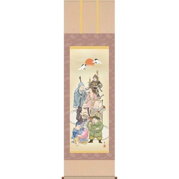 掛軸/慶祝・縁起画/七福神/七福神/緒方葉水/清瀧会/洛彩緞子本表装/尺五サイズ幅54.5cm/桐箱畳紙収納/表装品質十年保証　爆買