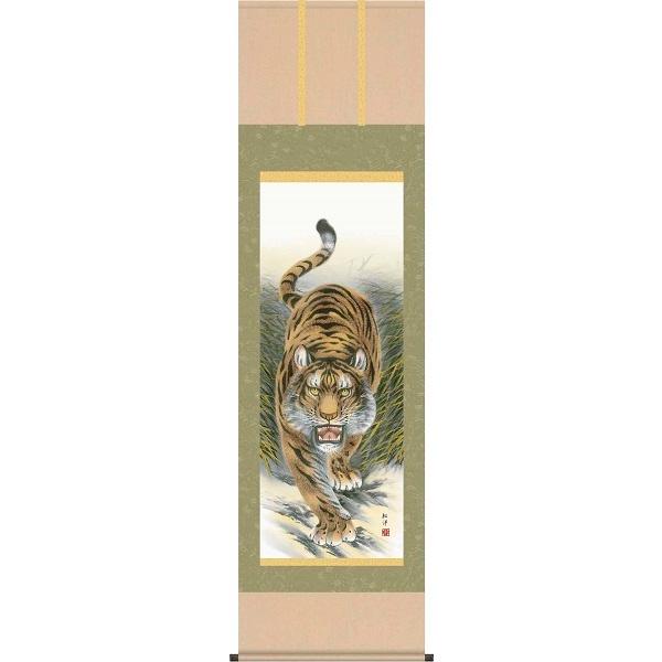 掛軸/慶祝・縁起画/虎/猛虎図/田口紅洋/幸洋会/洛彩緞子本表装/尺五サイズ幅54.5cm/桐箱畳紙収納/表装品質十年保証　爆買