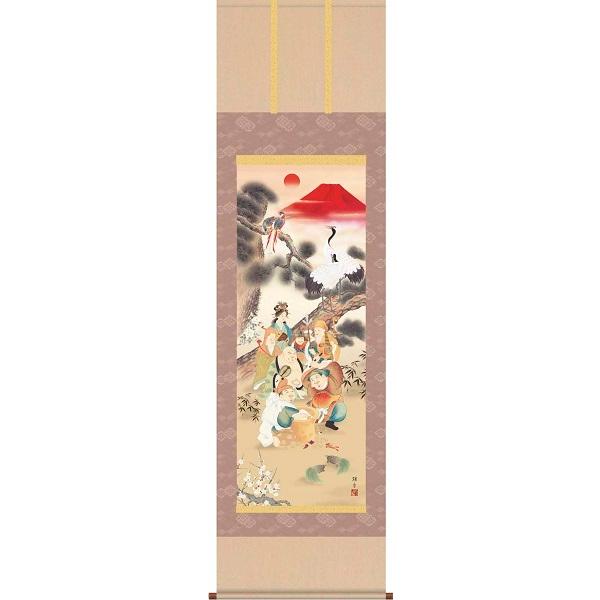 掛軸/開運画/開運七福神/吉祥七福満願図/鵜飼雄平/竹翠会/洛彩緞子本表装/尺五サイズ幅54.5cm/桐箱畳紙収納/表装品質十年保証　爆買