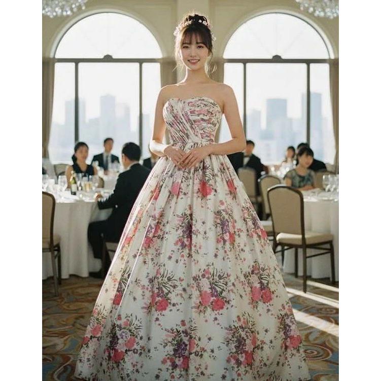 花柄カラードレス 演奏会 ピンク 白 結婚式 前撮り 舞台衣装 ロング 