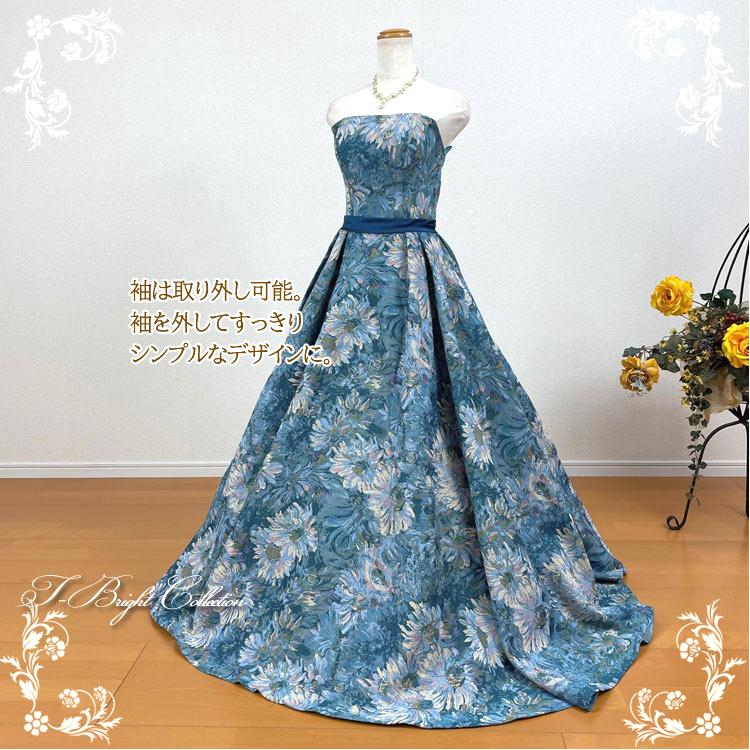 カラードレス ブルー 青 ウエディングドレス 取り外し可能な付け袖 花