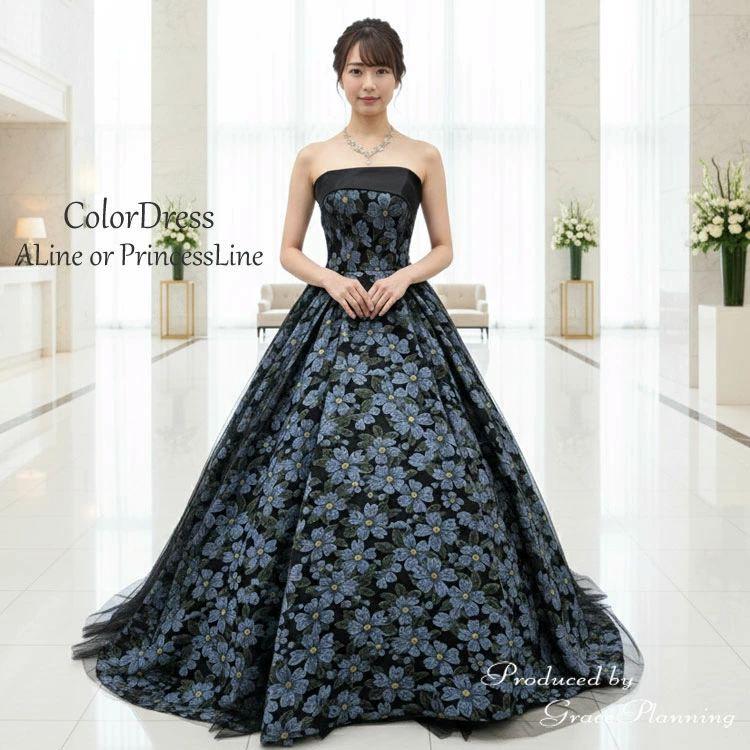 新商品 カラードレス 演奏会用ドレス ピアノ ブラック ブルー系 花柄