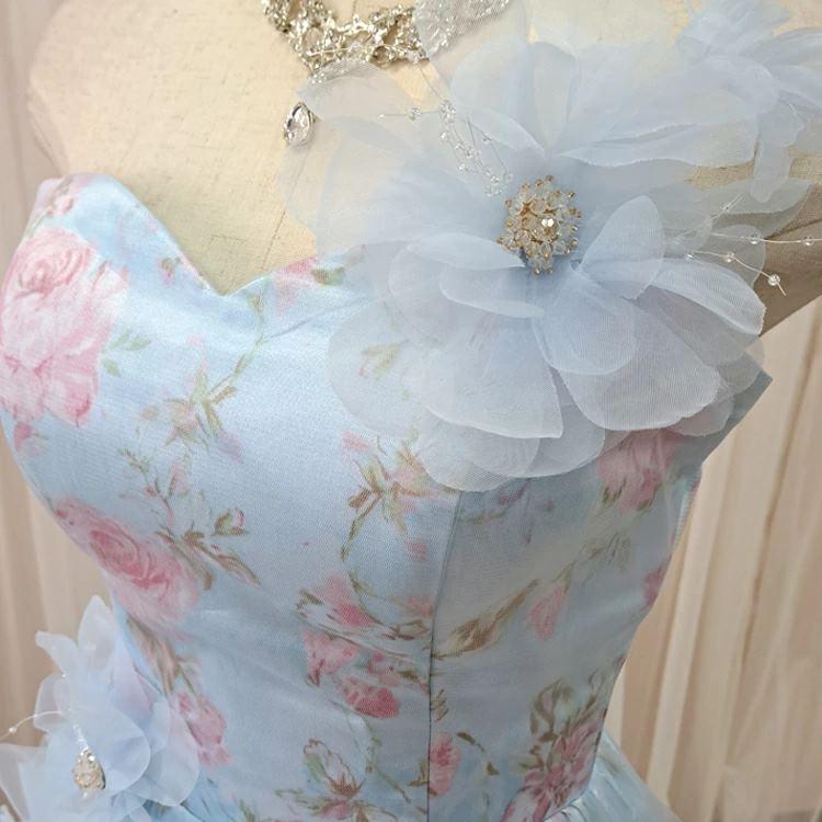 カラードレス 青 ブルー 花柄 肩紐 コサージュ付き Aライン 演奏会用