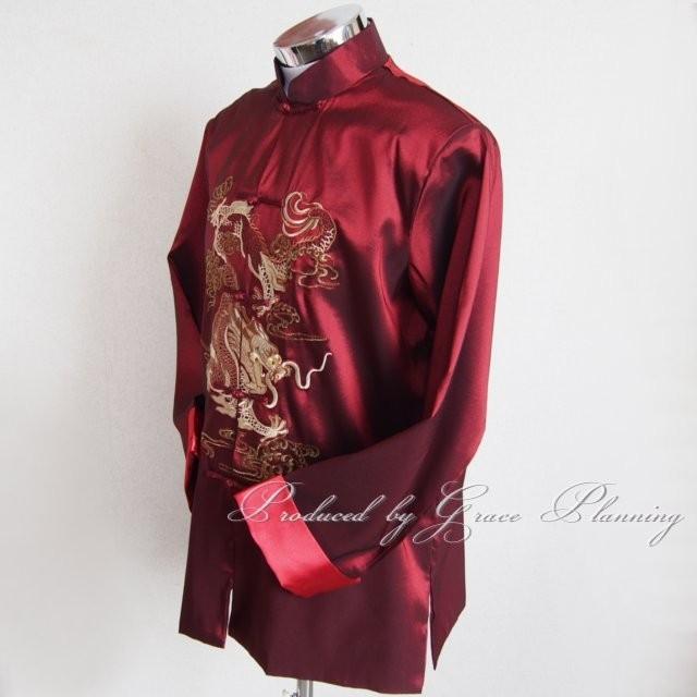 漢服Mサイズ メンズチャイナ服 長袖 S M L XL XXL 竜の刺繍 ワインレッド