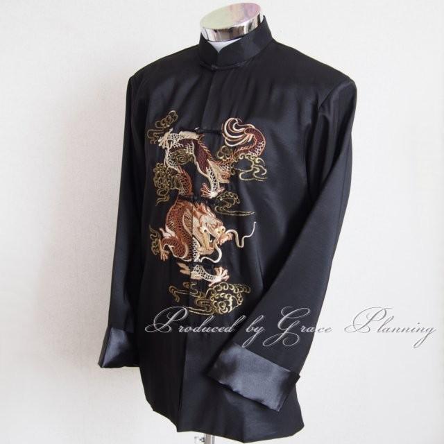 メンズチャイナ服 長袖 S M L XL XXL 竜の刺繍 ワインレッド ブラック