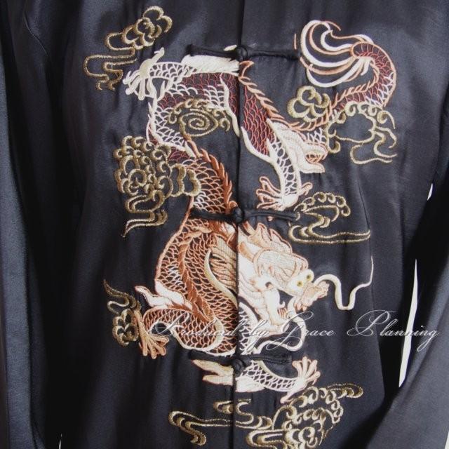 メンズチャイナ服 長袖 S M L XL XXL 竜の刺繍 ワインレッド ブラック