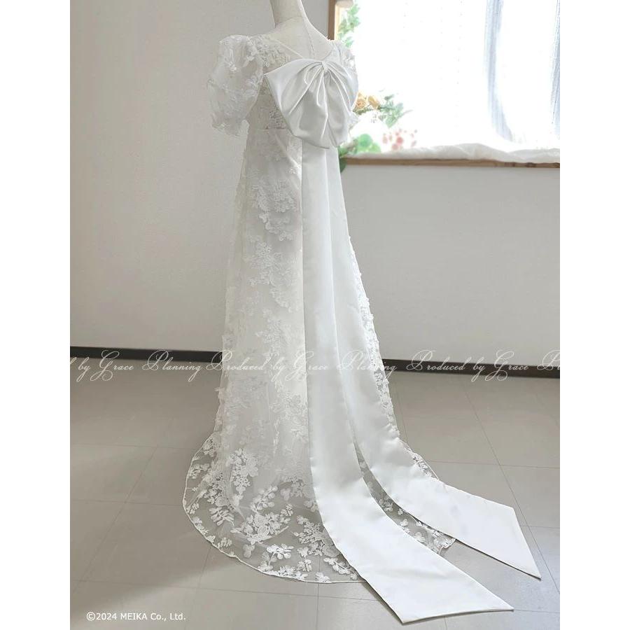 ウェディングドレス 袖あり ハイウエスト リボン付き スレンダー 結婚