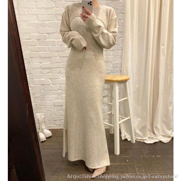 ワンピース ニット 胸開き レディース カットアウト ニットワンピース ロングワンピース セットアップ グレー ベージュ 秋 冬 韓国ファッション Ln1017 l Tーcats Yストア 通販 Yahoo ショッピング