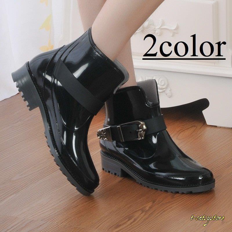 長靴 レインブーツ レインシューズ レディース 女性 靴 ベルト付き アイアンバックル ローヒール つやつや おしゃれ 雨の日 かっこいい 上品 レインシューズ 在庫切れ場合あり 了承済