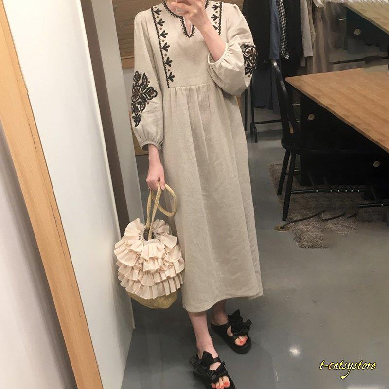 ワンピース レディース 40代 マキシワンピース 春夏 長袖ワンピース きれいめ 刺繍vネックワンピース パフスリーブ オシャレエスニック 大人 30代 50代 Ln Y T Catsystore Tーcats Yストア 通販 Yahoo ショッピング