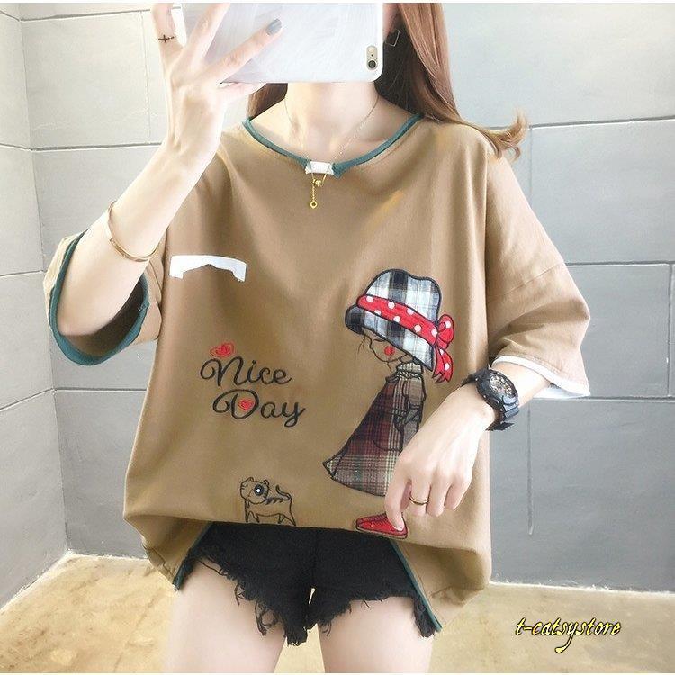 送料無料 新品 チュニック カットソー Tシャツ レディース 女性 トップス 重ね着風 6分袖 ラウンドネック オーバーサイズ ビッグシルエット 猫 女の子 イラスト Fxlabsplus Com