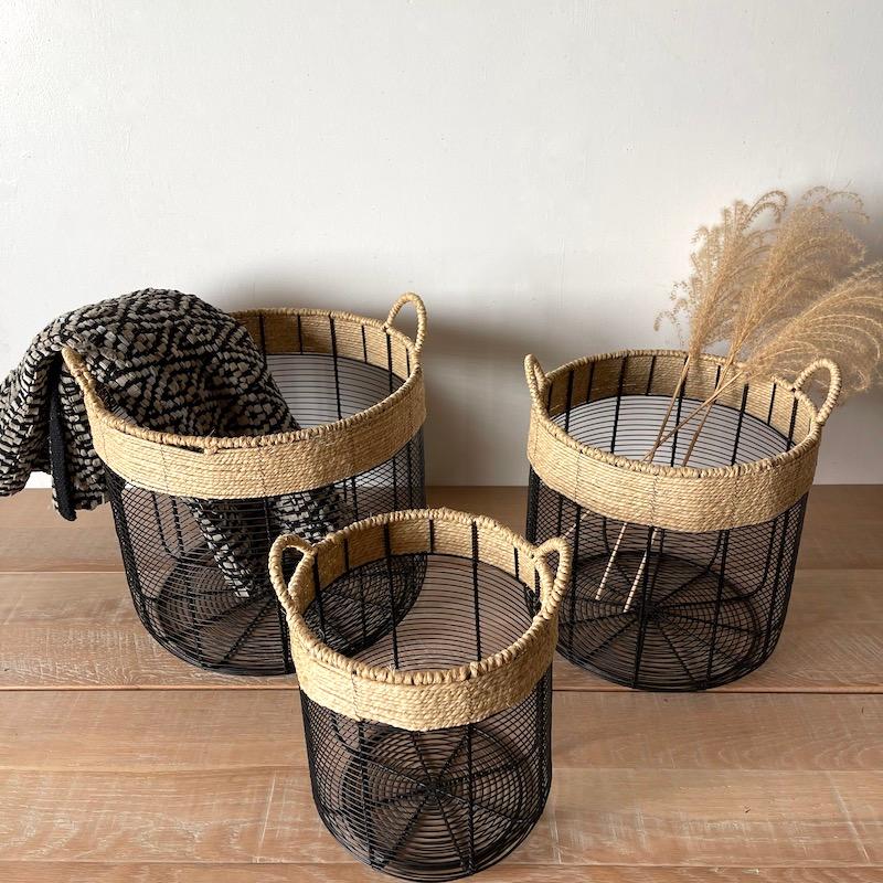 Madam Stoltz バスケット かご アイアン 3個セット 麻 鉢カバー ランドリーバスケット |  | 03