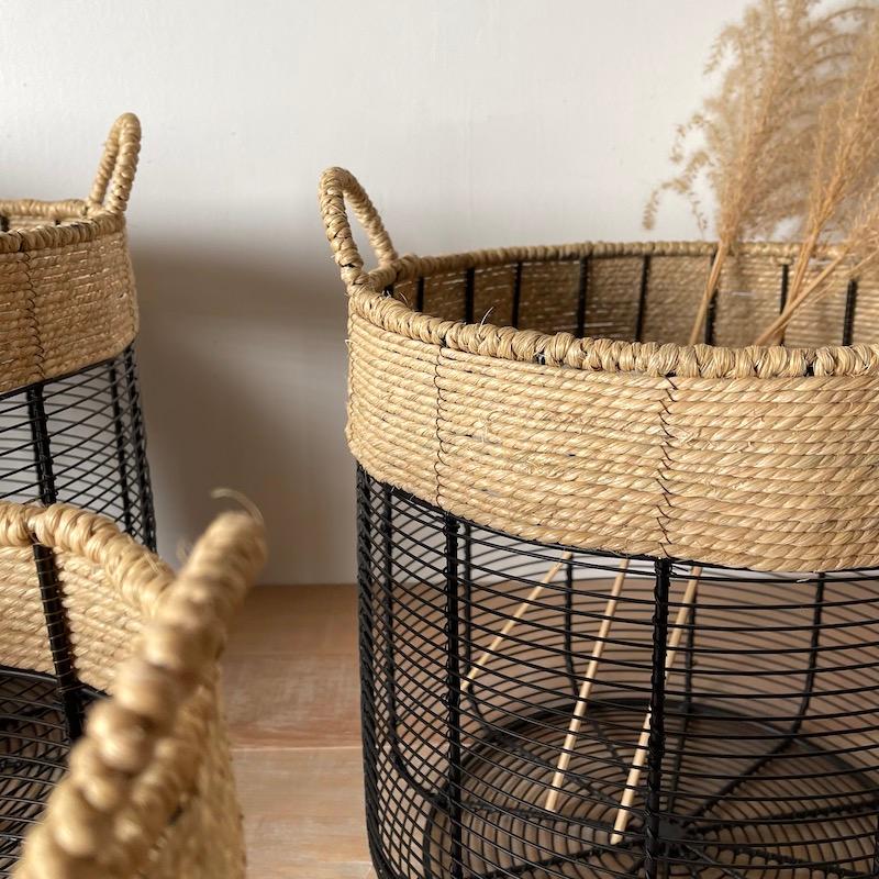 Madam Stoltz バスケット かご アイアン 3個セット 麻 鉢カバー ランドリーバスケット |  | 04