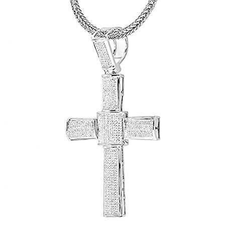 3.00カラット ホワイトダイアモンド マイクロ・パヴェ メンズ ヒップホップスタイル 宗教的クロスペンダント スターリングシルバー製 チェーン付き