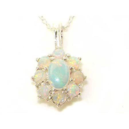 女性用ソリッド925スターリングシルバー装飾Large Natural Fiery Opalクラスタペンダントネックレス シルバー