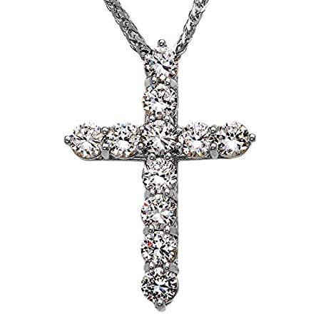 エレガント　スターリングシルバー　12カラットラウンドキュービックジルコニア　クロスペンダントネックレス（エクストララージ） シルバー