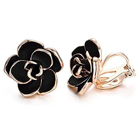 Yoursfs イヤリングクリップ レディース おしゃれ 黒 バラ 花 エナメル 18k ピンクゴールド イヤリング 女性 ピアス プレゼント