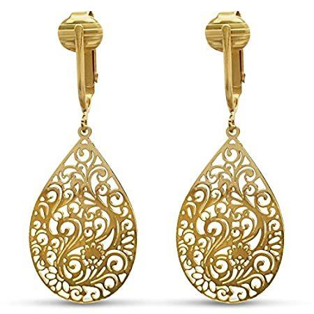 LovelyヴィクトリアンフィリグリーClip On Earrings for Women & Girls clip-ons、軽量ティアドロップリーフ