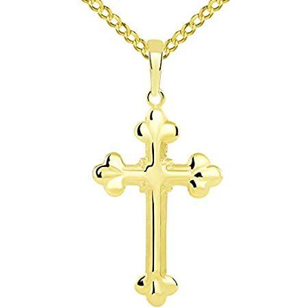 ソリッド 14k イエローゴールド トラディショナル ボタンスタイル ギリシャ正教 十字架ペンダント キューバネックレス付き