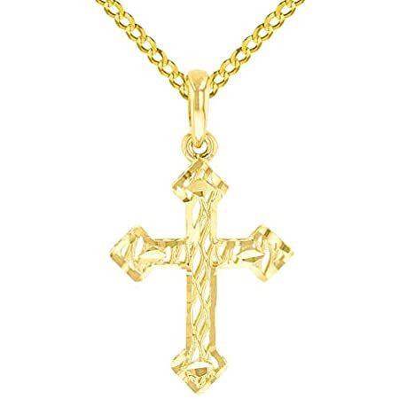 14k Yellow Gold Small Textured Christian Orthodox 3D Cross Pendant Cuban Ne