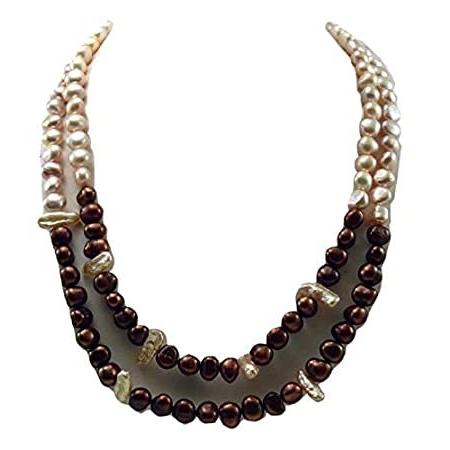 Vics ファインジュエリー 淡水ピンクとブラウンパール ダブルストランドネックレス シルバークラスプ付き