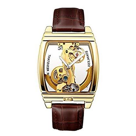 メンズ ラグジュアリー ビジネス 透明 自動スチームパンク スケルトン 自動巻き メカニカル レザー ドレス腕時計 ブラウンゴールド。