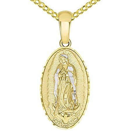 14Kイエローゴールド 伝統的なグアダルーペの聖母 楕円形メダルペンダントネックレス ロロ、キューバン、またはフィガロチェーン付き