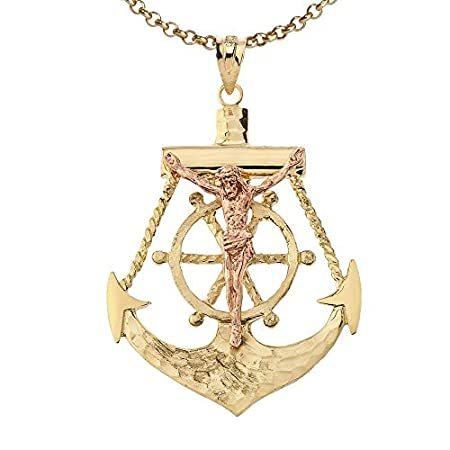 10K純正リアルカラットゴールド 錨の上のイエスキリスト ロープ付き 航海船 航海 航海 航海 チャーム ペンダント ネックレス チェーン付き