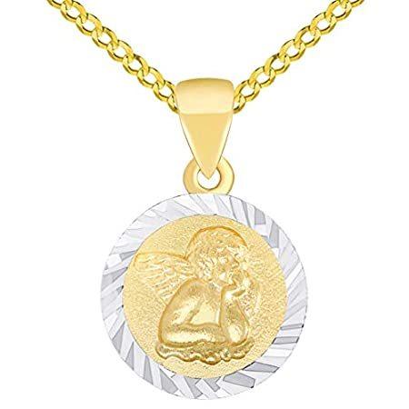 ソリッド14Kイエローゴールドラウンドガーディアンエンジェルテクスチャメダリオンチャームペンダントネックレス ロロ、キューバン、またはフィガロチェーン