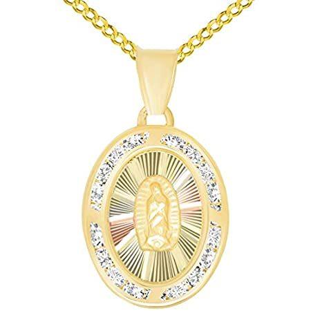 14Kイエローゴールド キュービックジルコニア 楕円形 グアダルーペの聖母 メダリオンペンダントネックレス ケーブル、キューバン、またはフィガロチェー