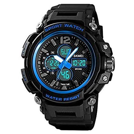 メンズ腕時計 スポーツ アウトドア 防水 デュアルディスプレイ デジタル 多機能 ミリタリー ストップウォッチ ブルー