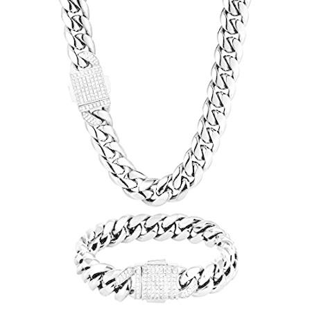 KRKC&CO メンズ 12mm 18k アイスアウト キューバリンク カーブチェーンとブレスレット ソリッド 変色しないネックレス 丈夫なストリート