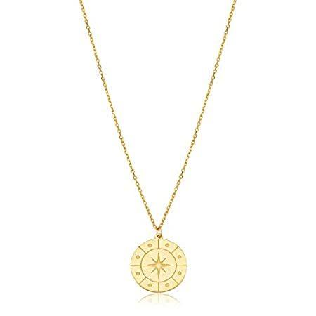 KoolJewelry 14Kイエローゴールド コンパスディスクペンダントネックレス (16または17インチまで調整可能)