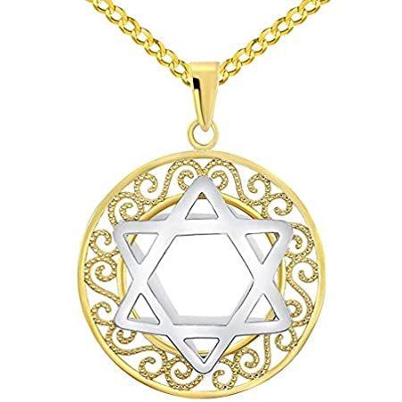 ランキング2021 Gold Two-Tone 14k 3D C with Pendant Medallion David of Star Jewish Filigree ネックレス、ペンダント