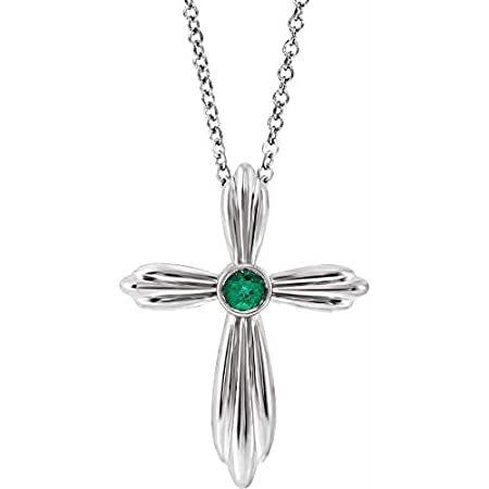 Solid 14k White Gold Solitaire Emerald Cross Crucifix Charm Pendant Chain N