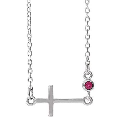 Solid 14k White Gold Solitaire Ruby Sideways Accented Cross Crucifix Charm