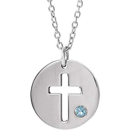 Solid 14k White Gold Solitaire Aquamarine Pierced Cross Crucifix Disc Charm
