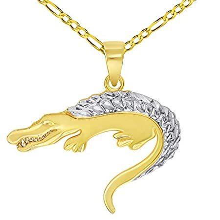 14k Yellow Gold Textured Two Tone Crocodile Reptile Animal Pendant with Fig